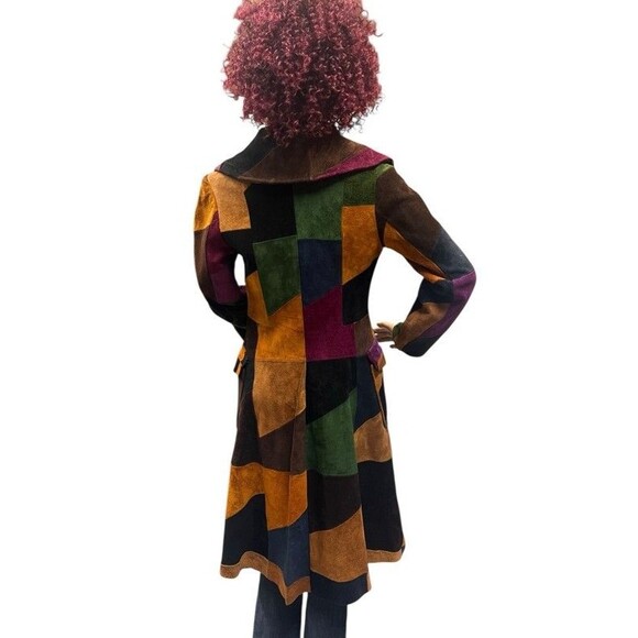 Vintage 70's Leather Suede Patchwork Hippie Boho Snap Button Long Jacket Coat 12 - Picture 2 of 16